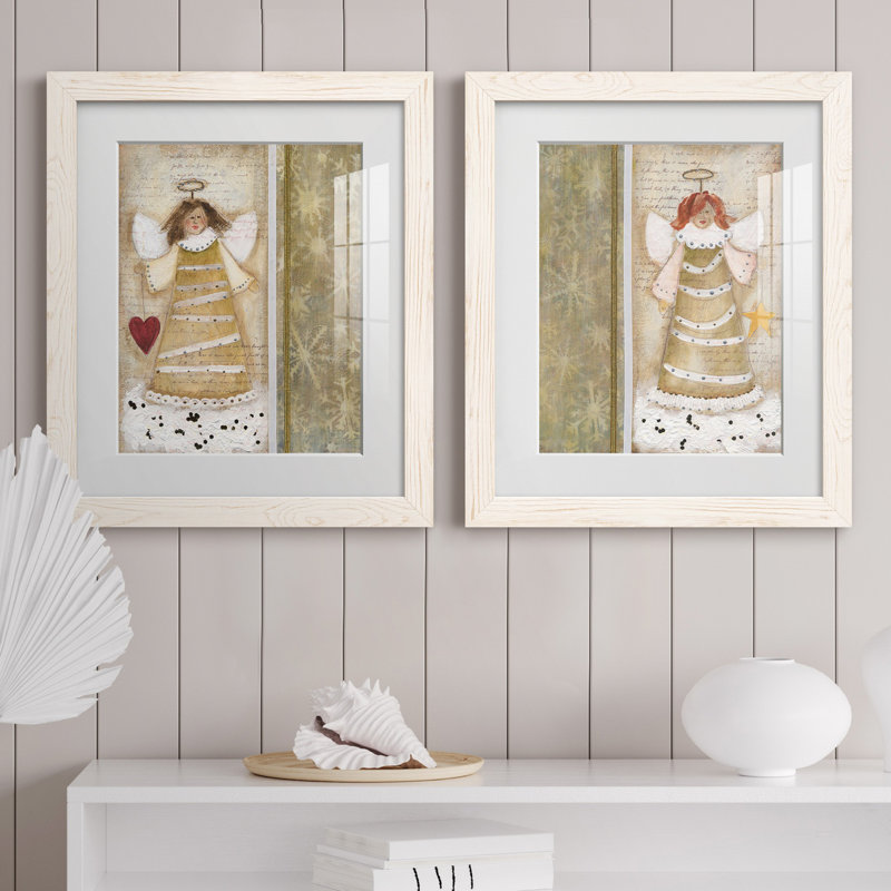 «Cloud Angel with Heart», ensemble de 2 peintures, Papier encadré blanc, Blanc, H 20 po x l 17 po x P 1 po