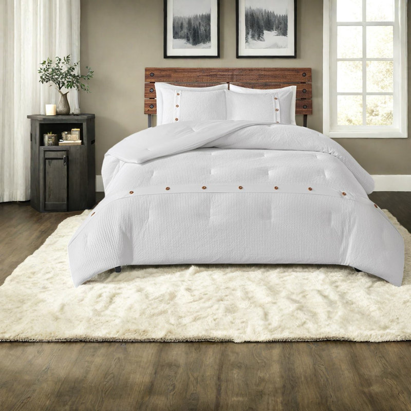 Contemporary Cotton Bedding Sets, Waffle Weave With Wood Detail For Modern Homes