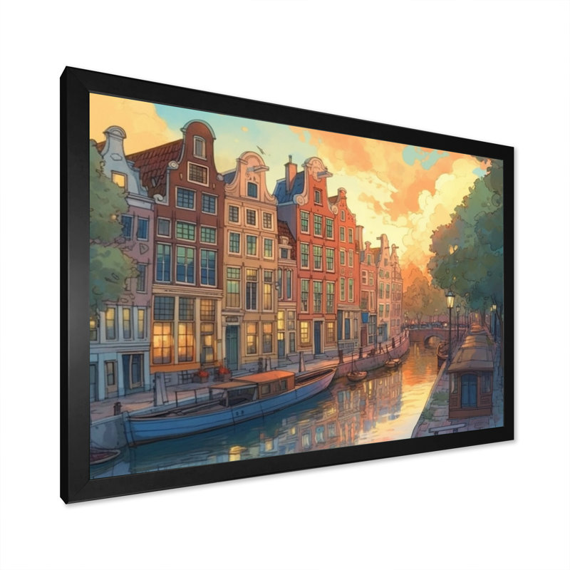 Peaceful Amsterdam I, reproduction d'art sur toile, Cadre photo noir, H 16 po x l 32 po x P 1 po