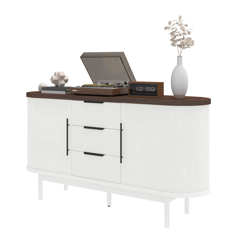  Buffet de 55 po avec portes coulissantes cannelées et 3 tiroirs, Brun / Blanc