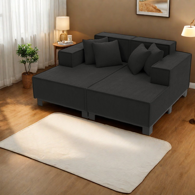 Spacious Modern Sofas, Corduroy Fabric Chaise With Pillows, Living Room
