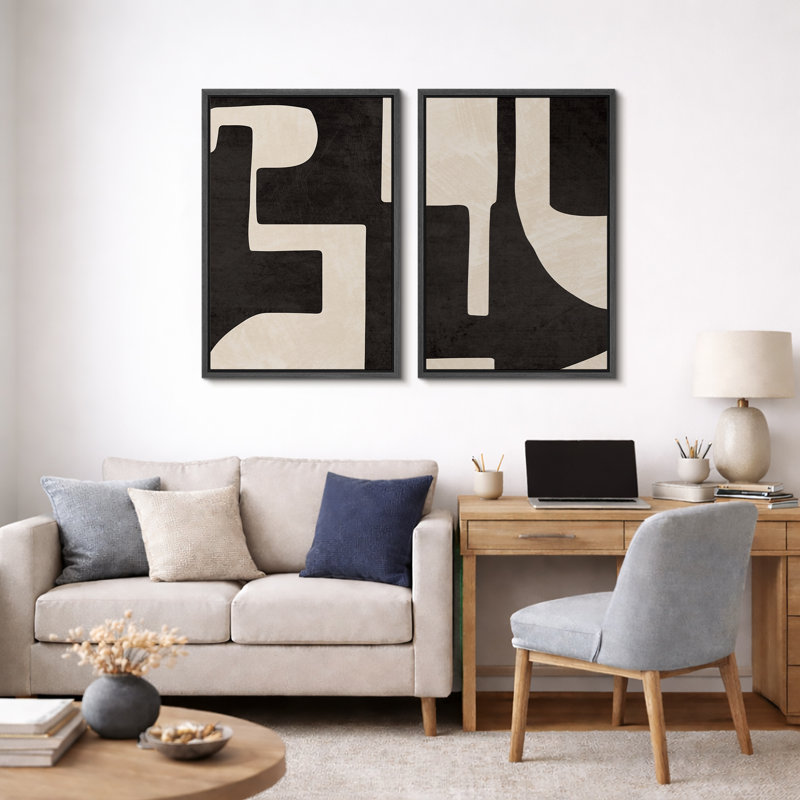 Mid Century Shape "Modern Black & Cream Geometric Shape Artwork, Classy Abstract Neutral Wall Pictures, Framed Canvas Giclée Print 2 Pieces Wall Art" 16x24x2 pcs, 24x36x2 pcs