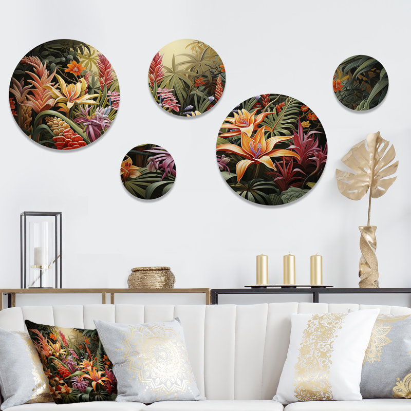 «Vintage Jungle Plants» - ensemble d'art mural rond 5 pièces Jungle