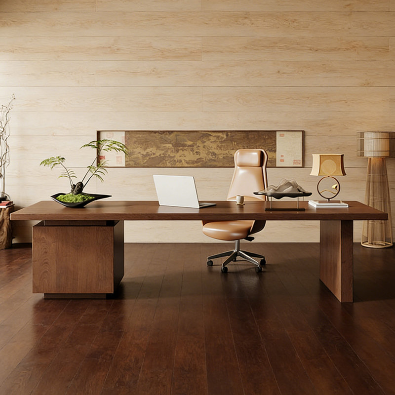Bureau rectangulaire en bois massif noyer avec 3 tiroirs, H 29,53 po x l 86,61 po x P 31,5 po