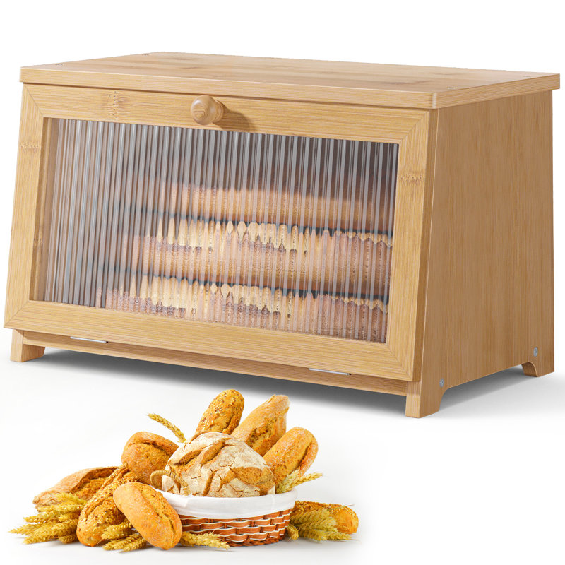 Bread Box - Wooden Bread Box for Kitchen Countertop, Large Capacity Kitchen Countertop Organizer, Stylish Bread Storage with Window, Multi-functional Container, Bamboo, 15.0"x8.3"x9.1" (1T)