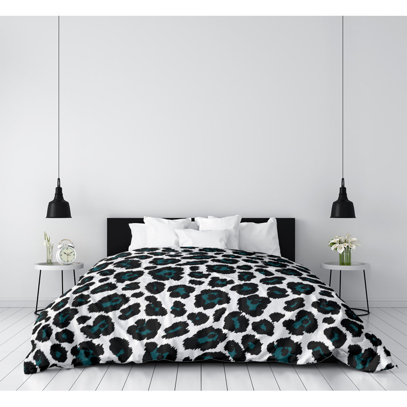 Housse de couette simple à imprimé léopard, Housse de couette pour très grand lit, Blanc / Vert foncé, Polyester brossé