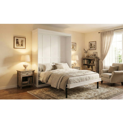 Grand lit rotatif 360 avec rangement caché, mur blanc pour petits appartements et chambres d'amis, rangement intégré de conception moderne, structure en bois, économie,