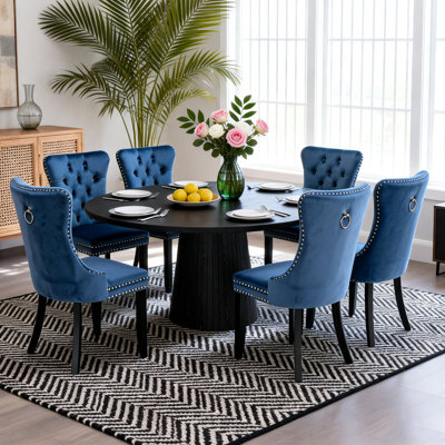 Round Dining Table Set, 47“ Black Kitchen Table with Velvet Tufted Chairs, Modern Circle Farmhouse Kitchen Table with Wood Strip Base, Dining Room Table and Chairs for Kitchen