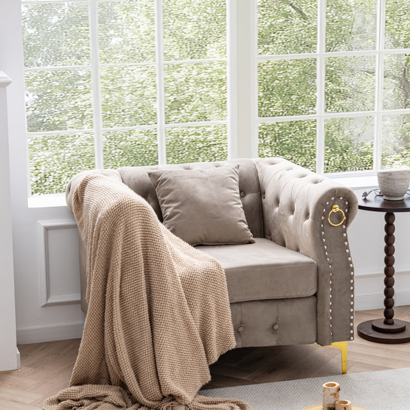 40.9" Velvet Chesterfield Chair, Beige