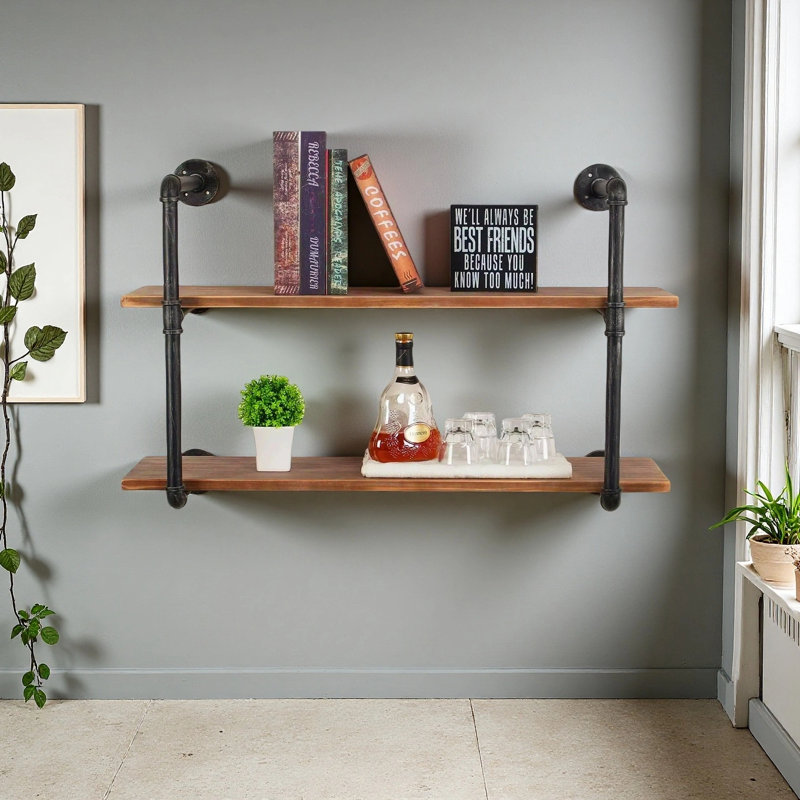 Industrial Pipe Shelving Wall Mounted,36In Rustic Metal Floating Shelves,Steampunk Real Wood Book Shelves,Wall Shelf Unit Bookshelf Hanging Wall Shelves,Farmhouse Kitchen Bar Shelving(2 Tier)