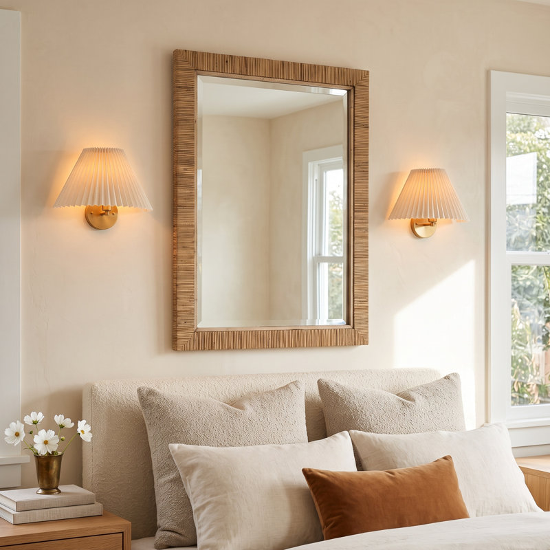 Adrianne Solid Wood and Rattan Rectangle Accent Mirror with Beveled Glass, Brown