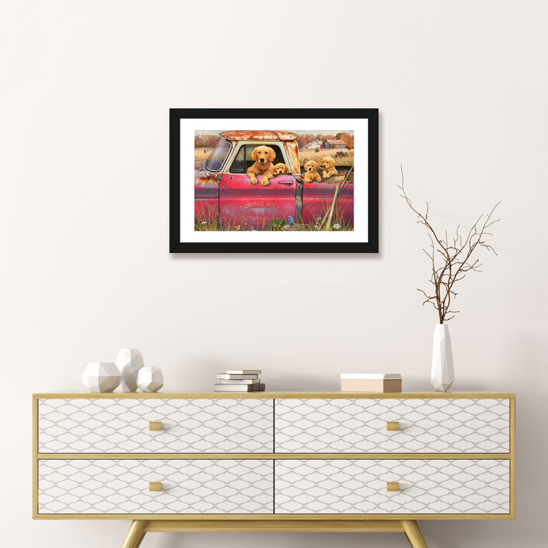 «Goldens And Truck» - Imprimé, Papier noir, H 16 po x l 24 po x P 1 po