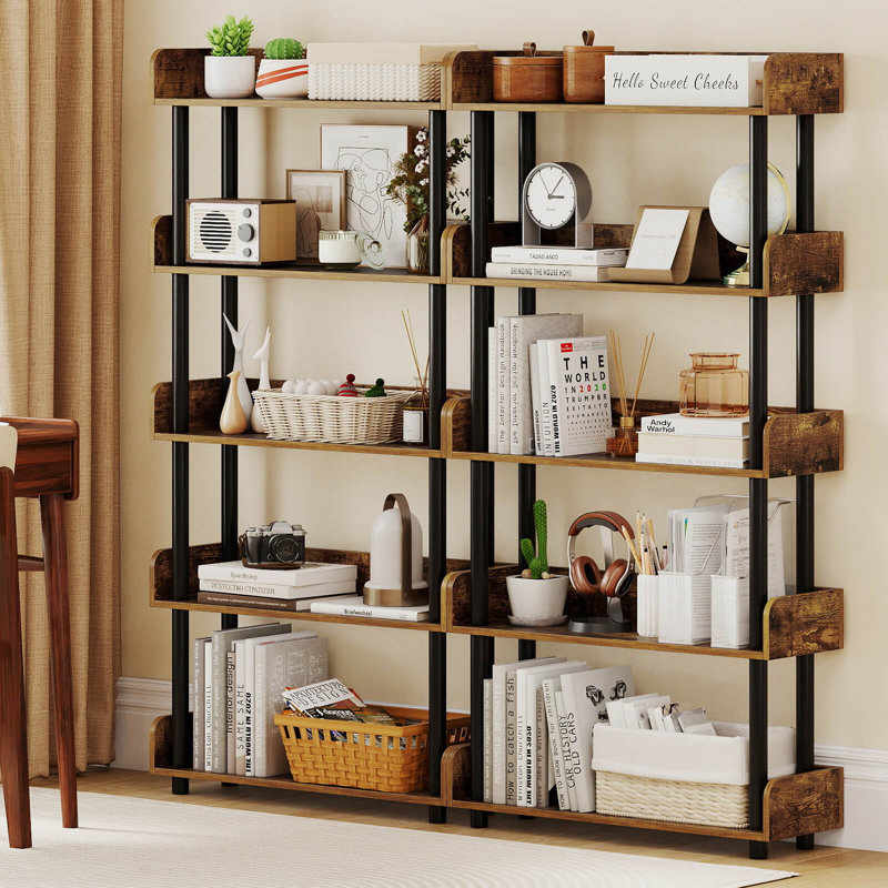 2 PCS 5-Tier Bookshelf Open Bookcase with Anti-Tipping Kit Storage Unit for Bedroom Rustic Brown & Black, Brown/Black, 2