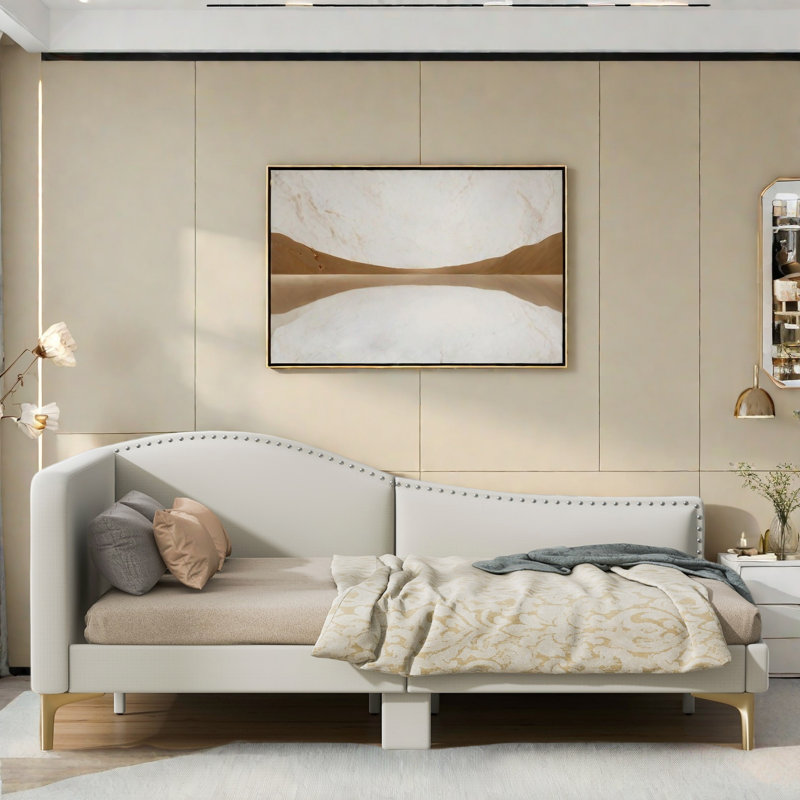 Upholstered Daybed With Headboard And Armrest, Beige, Full/Double