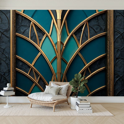Peel and Stick Wallpaper Modern Self Adhesive Wall Mural for Bedroom Abstract Navy Blue Gold Watercolor Brush Golden Mosaic Artificial