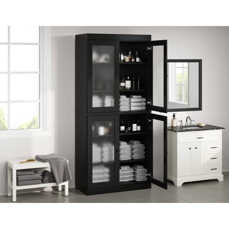 32" 100% Solid Wood Freestanding Bathroom Cabinet with Frosted Glass Doors & Adjustable Shelves – Modern Bathroom Storage