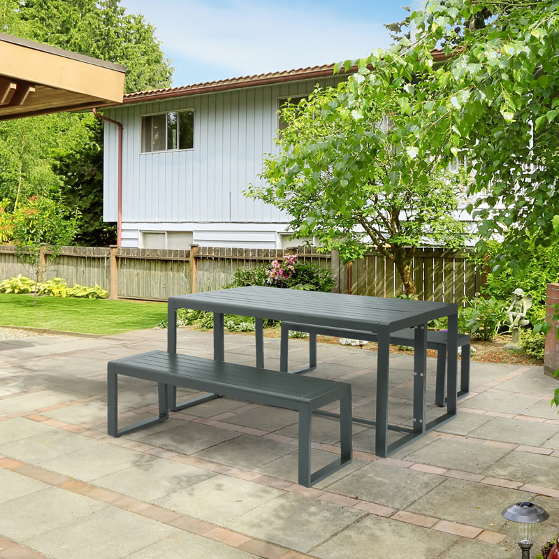 Ensemble repas d'extérieur en métal 63 po avec table rectangulaire et bancs Aoodor, Noir