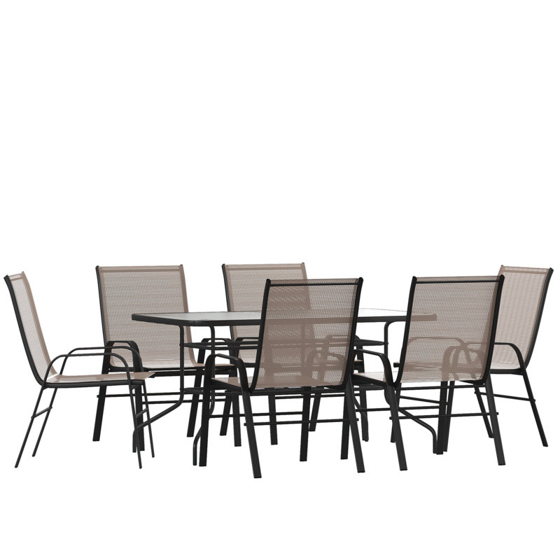 Elgin Patio Dining Set with Glass Table and Flex Stack Chairs, Brown, 6
