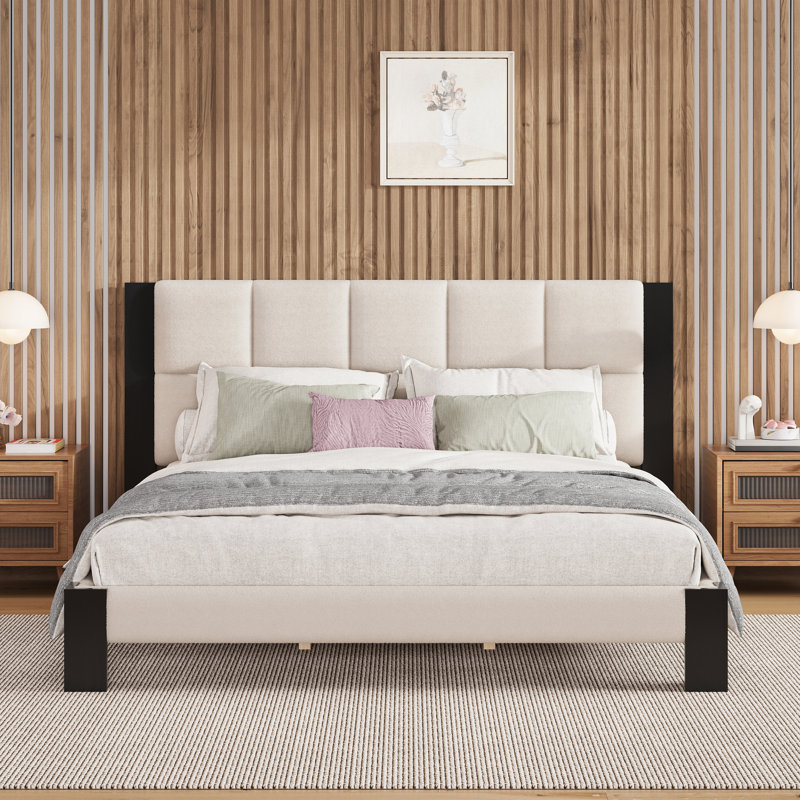 Kyrie Boucle Upholstered Bed With Square-Stitched Headboard & Wood Legs, California King