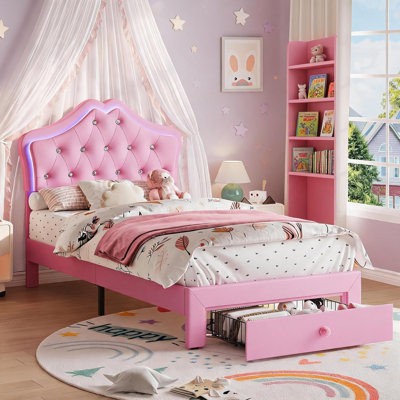 Structure de lit simple TG avec lumières DEL et tête de lit à boutons en cristal de velours, lit plateforme rembourré avec tiroir de rangement, silencieux, aucun sommier nécessaire pour les enfants, les adolescents