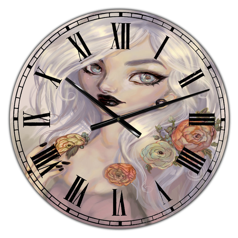 Fantaisie fille aux cheveux blancs et fleurs oranges - Horloge murale surdimensionnée, Surdimensionné