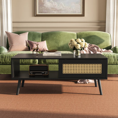 Table basse en rotin avec rangement, canapé central Boho avec porte coulissante et tablette ouverte pour le salon, la chambre à coucher, noir