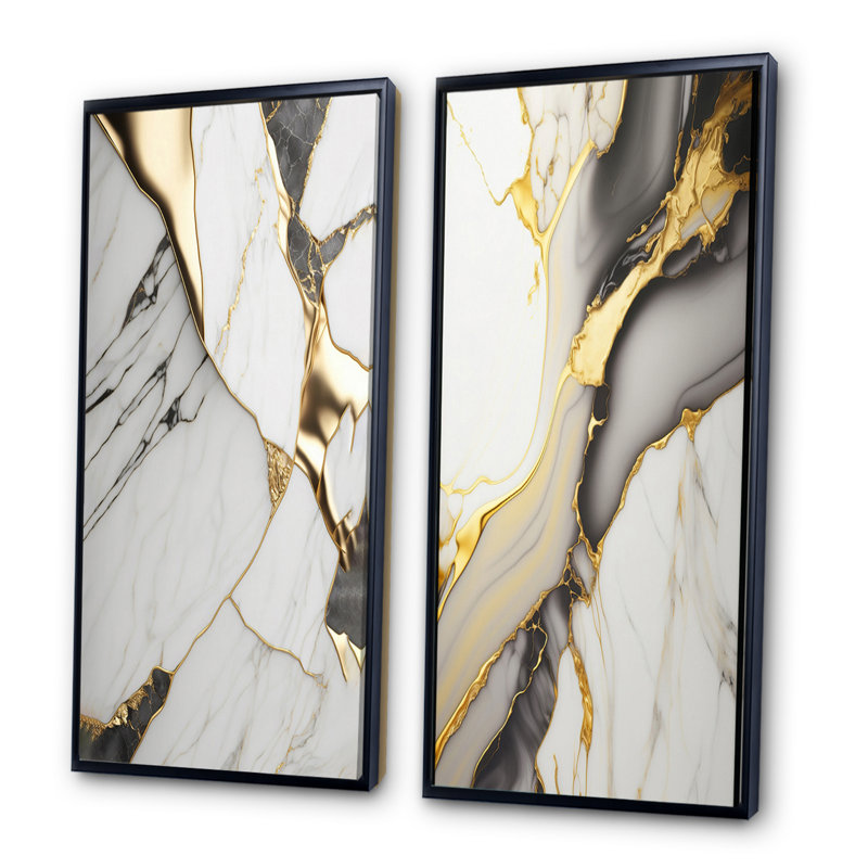 Géode abstraite marbre blanc et or I - ensemble d'art mural abstrait en marbre de 2 pièces, Cadre noir, H 32 po x l 32 po