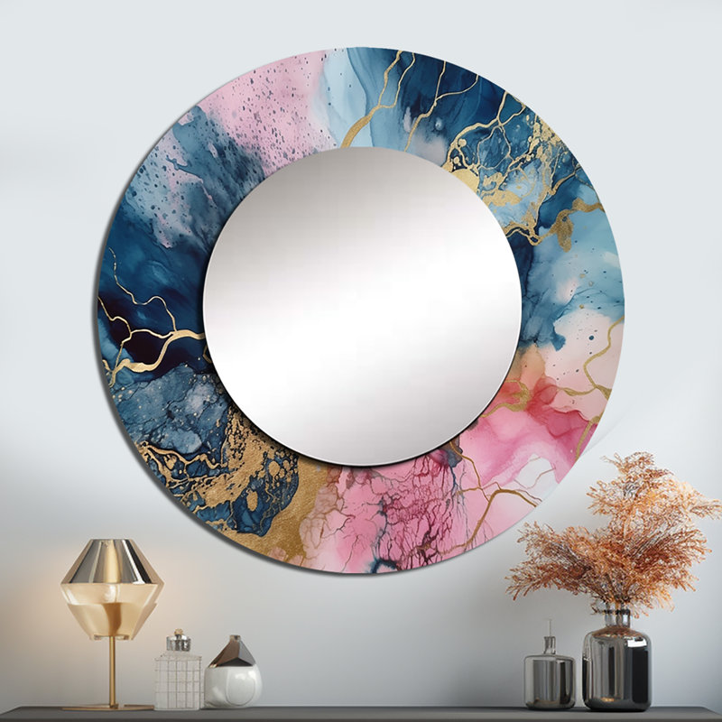 Philicity Exploring The Depths Of Pink Geode IV - Marble Large Mirror, Modern Round Unique Wall Mirror Decor, Printed Metal Art