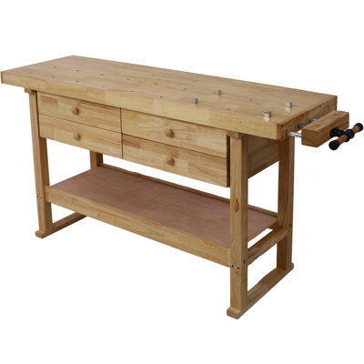 Fait de bois d'hévéa naturel de 152 cm (60 pouces), monobloc, avec 4 tiroirs, idéal pour garage, atelier et maison.