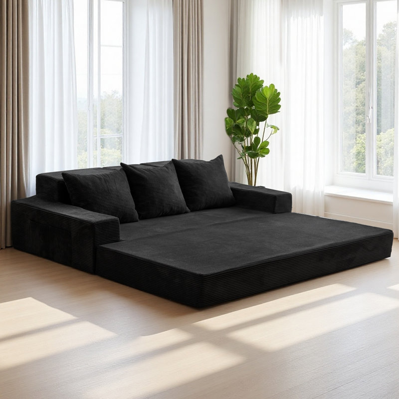 Boneless Black Corduroy Sofa Bed, 4 In 1 Foldable Floor Sofa Couch , Convertible 3 Seater Boneless Couch Folding Recliner Sleeper Chair