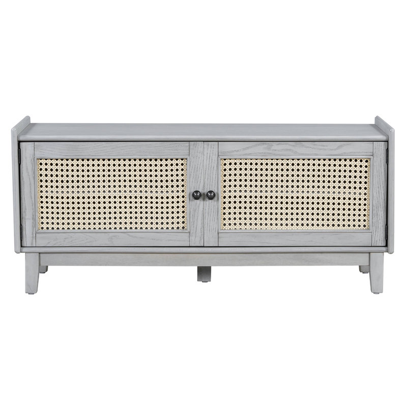 Rattan Entryway Bench With Storage, Cushioned Shoe Bench With Double Doors, Wooden Shoe Organizer Bench For Entryway And Hallway