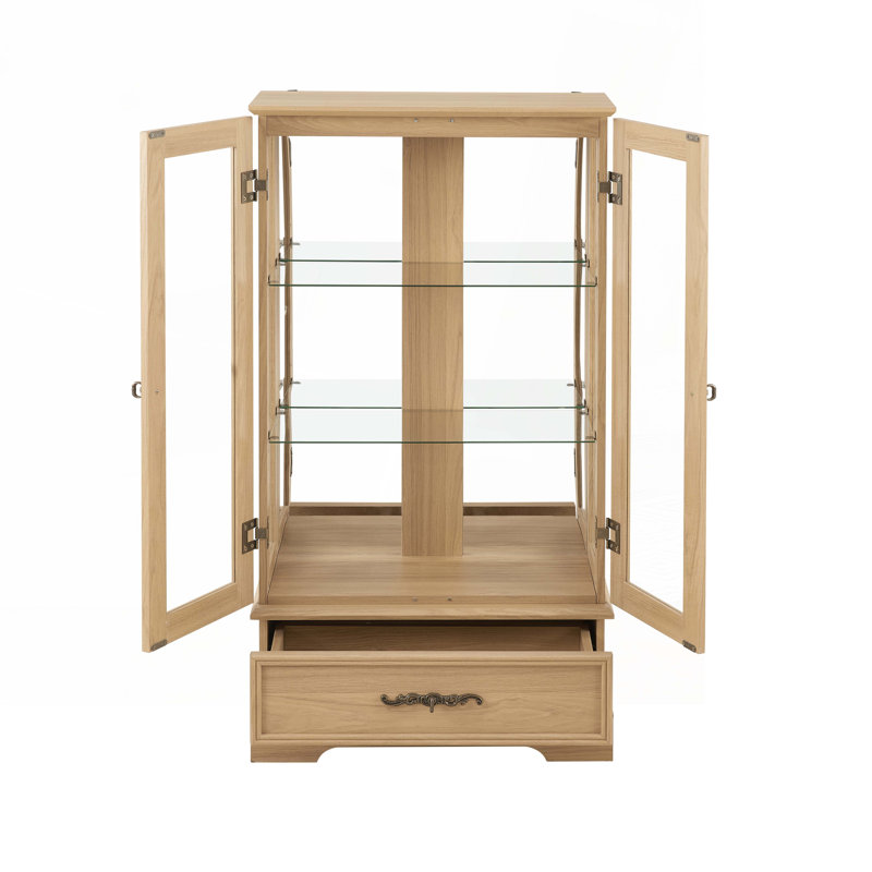Vitrine avec tablettes réglables en verre, 2 portes et 1 tiroir, Chêne