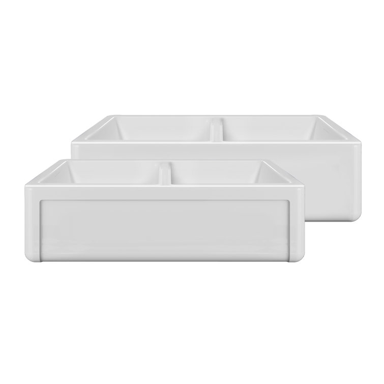 Whitehaus Collection Reversible Double Bowl Fireclay Kitchen Sink with Grid: Three Edge Frame, Plain Front Apron