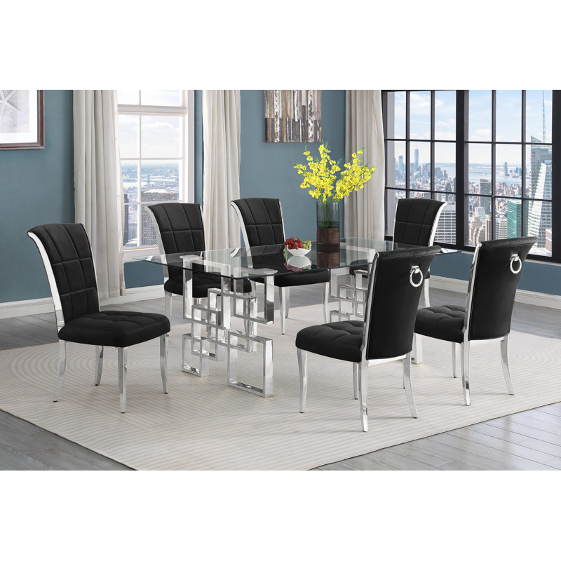 Ensemble de salle à manger avec chaises en velours L 79 po x l 40 po Joneisha, 7, Noir / argent, Argent