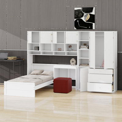 Lit plateforme tout-en-un avec bureau intégré, armoire, armoires et tiroirs de rangement