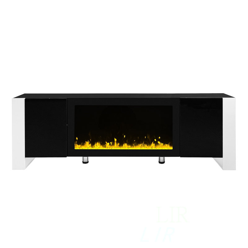 Meuble télé minimaliste avec foyer électronique de 34,2 po, construction noire, 2 armoires pour divers articles, confort visuel avec de grandes armoires de rangement, forme simple et fonction sécuritaire
