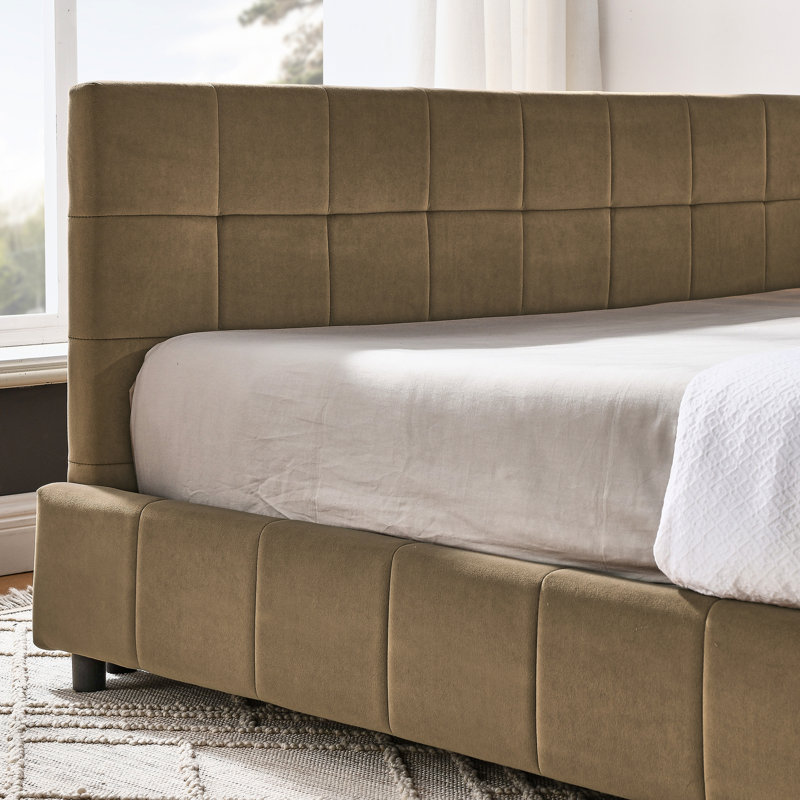 Lit double avec revêtement en velours et accoudoirs, pour le salon de la chambre à coucher, structure, cadre brun de style Mid-Century, accoudoirs, solide,