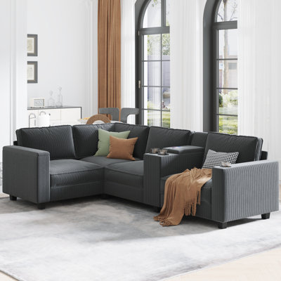 Brady L-Shaped 4-Seater Corduroy Sectional Sofa with Storage Armrests by Ebern Designs