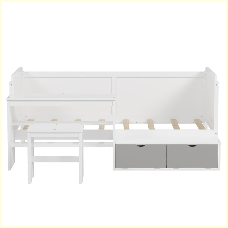 Wooden Twin Size Daybed with Storage Shelves and Lockers, Multi-functional Bed with Study Desk and Matching Stool, White