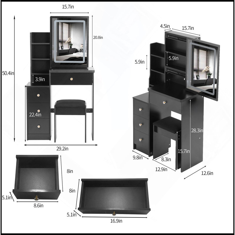 29.2" Small Size Left Bedside Cabinet Vanity Table + Cushioned Stool, Large Sliding, Touch Control, Tri-Color Switching, Brightness Adjust LED Mirror, High Capacity Storage, Suitable For Small Space