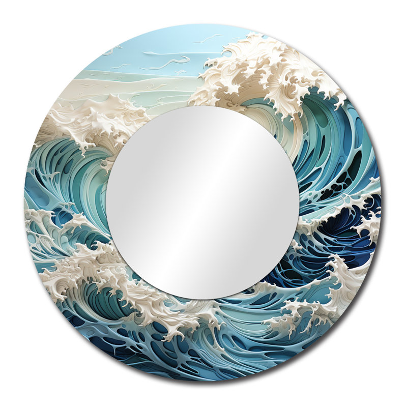 Blue Kinetic Waves I - grand miroir mural Kinetic Art, miroir rond bleu sarcelle, impression sur métal, 29 po x 29 po