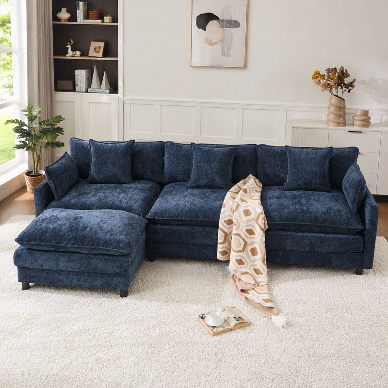 Canapé modulaire en forme de L 108 po en forme de nuage avec repose-pieds et siège profond en chenille 4 places 108 po, Bleu