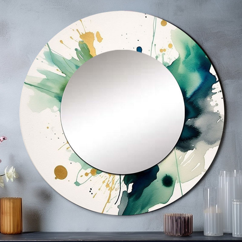 Grand miroir mural bleu foncé, turquoise et or Stroke I - Fractals, miroir décoratif rond turquoise, impression d'art en métal