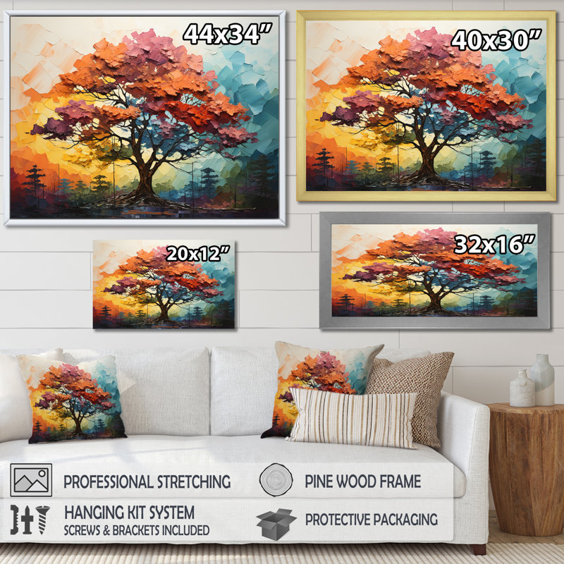 " Multicolor Fauvist Resonance Redwood Tree I ", 24" H x 32" W x 1" D, Natural Floater Framed