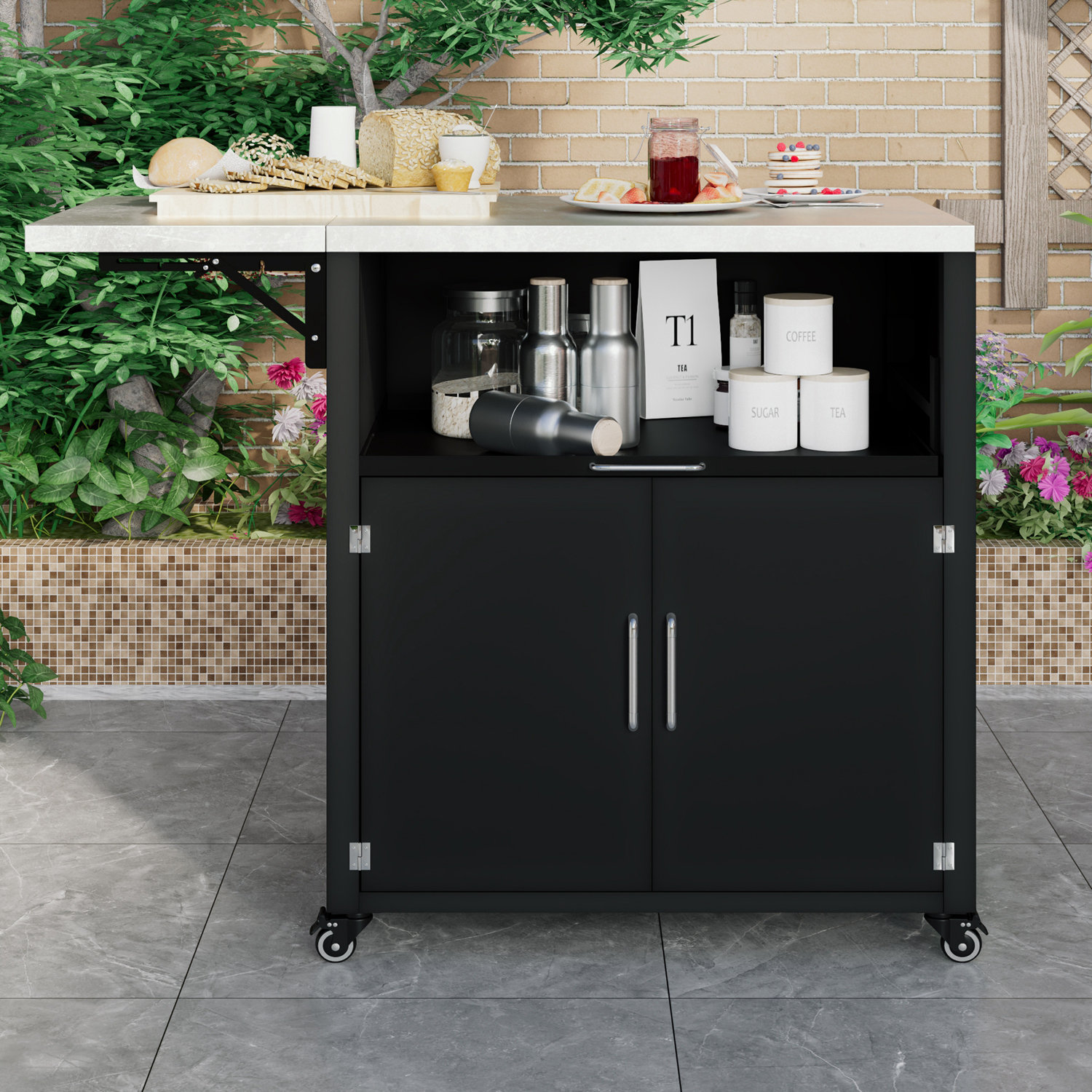 Latitude Run® Kitchen Island with Expandable Top, 2 doors and open ...