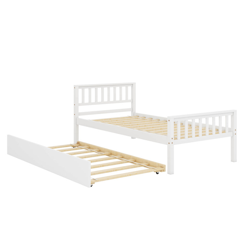 Structure de lit plateforme en bois robuste avec lit gigogne escamotable, Blanc
