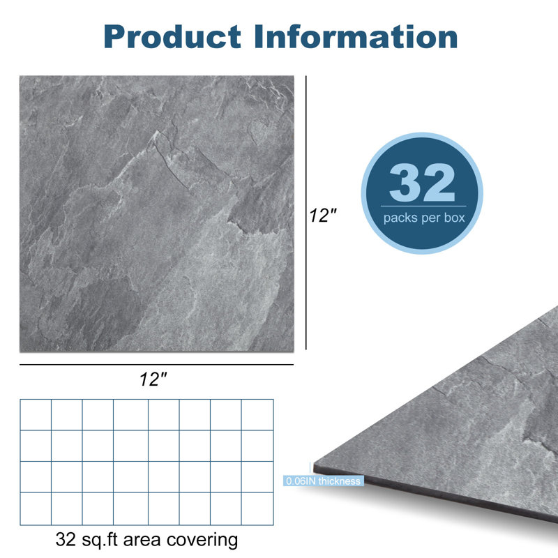 12'' W x 12'' L x 1.5 mm Peel and Stick Vinyl Floor Tiles,Luxury Vinyl Tile, Stone/Jazz
