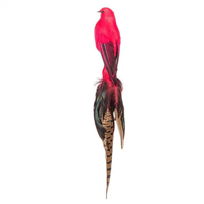 Décoration oiseau rouge avec une longue queue en plumes et une pince