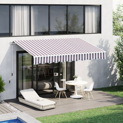 Retractable Patio Awning 10' X 8' - Sunshade With Manual Handle, & Water- Fabric, Aluminum Frame For Deck, Balcony, Yard, Coffee Stripe
