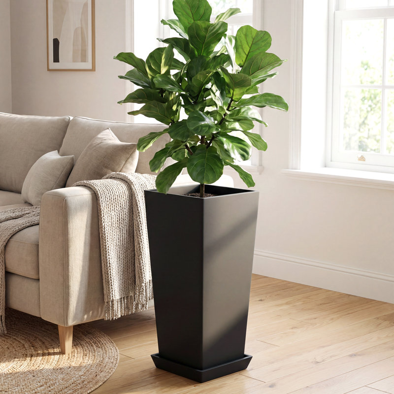 Set of 2 Tall Outdoor Planters, Square Flower Plant Pot – Indoor/Outdoor Taper Planters Ideal for Patio and Entryway, Black